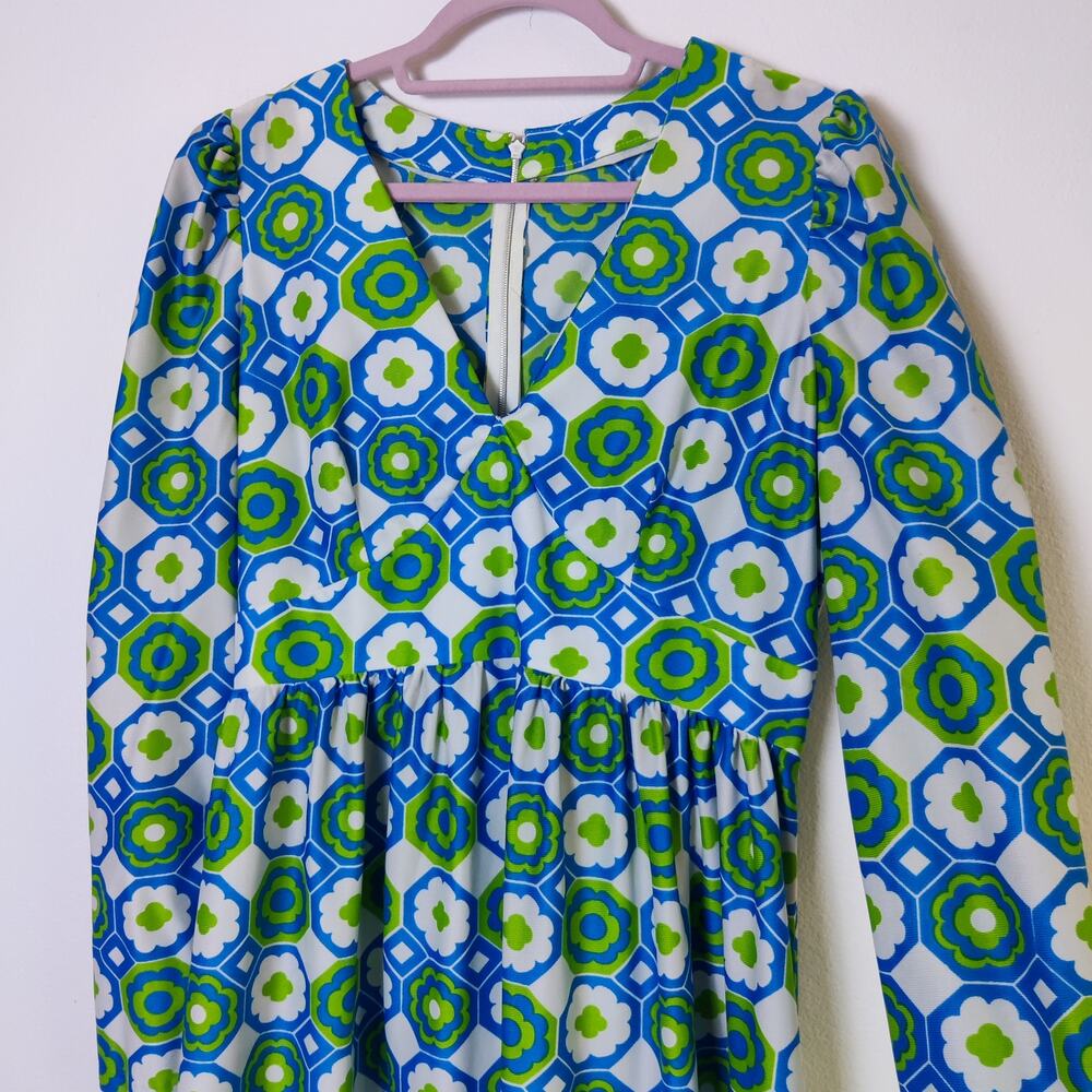 Vintage Handmade Mod Floral Geometric Long Sleeve Maxi Dress 60s 70s Large XL - Picture 3 of 9